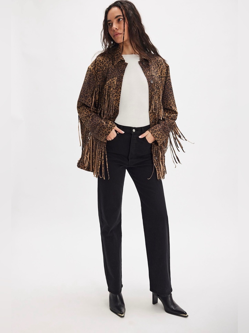 NWT We The Free Fringe Cut Vegan Suede Animal Print Jacket